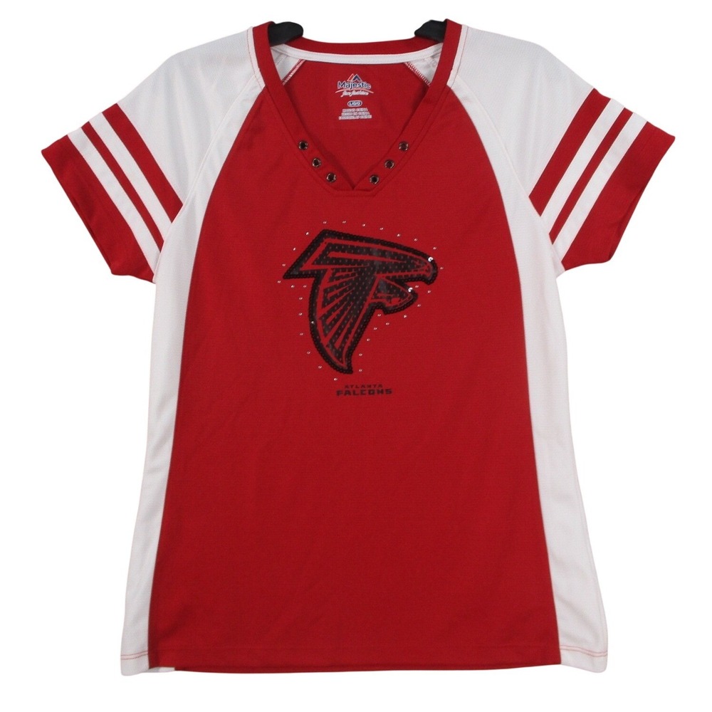 Majestic Atlanta Falcons Womens Red White Sequin Logo V-Neck Fan Jersey Large